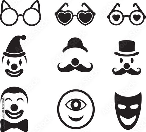 Funny Face Accessories Icon Set Glasses Mustache Hat Mask