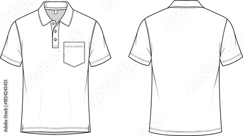 Front and back polo shirt technical sketch apparel blueprint cad drawing flat vector illustration design with chest pocket collar short sleeve