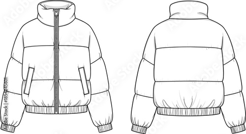 Front and back puffer jacket technical sketch winter outerwear with zipper collar apparel cad drawing flat vector illustration