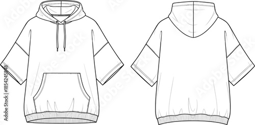 Front and back short sleeve hoodie technical sketch oversized hooded sweatshirt cad drawing flat vector illustration design apparel template