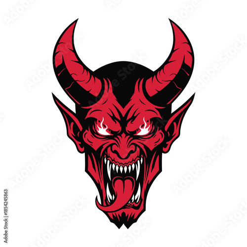 Intense Red Devil Face with Sharp Horns and Fiery Eyes.