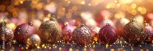 Panoramic view of ornate Christmas baubles with festive golden bokeh lights