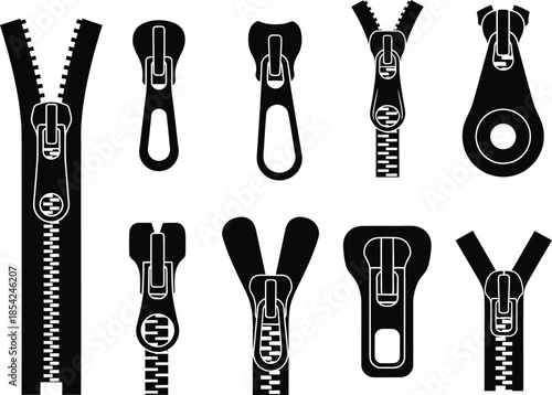 Diverse collection of zipper types and puller designs presented as black silhouette vector icons