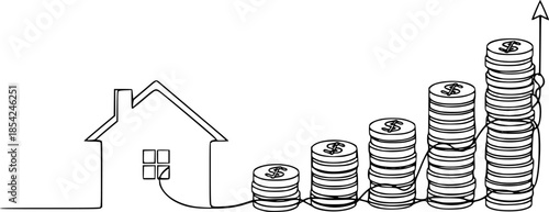 House and growing bar chart of coins connected by one continuous line. Symbol of real estate investment, increasing property value, and financial planning. Vector illustration