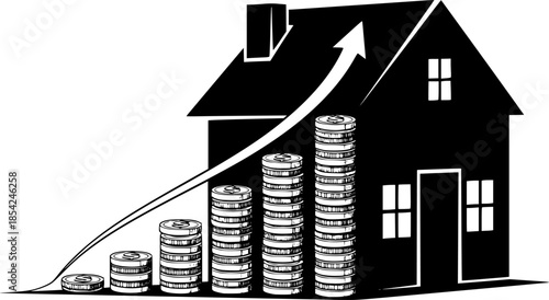 House and growing bar chart of coins connected by one continuous line. Symbol of real estate investment, increasing property value, and financial planning. Vector illustration