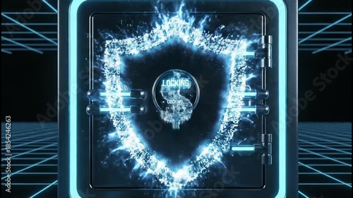 Futuristic close up shows digital vault with neon green dollar sign glowing inside, while safe door moves to close and symbolizes secure online banking and strong cyber protection of money.