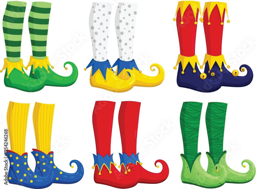 Vibrant collection of cartoon elf and jester shoes with stockings, perfect for festive designs