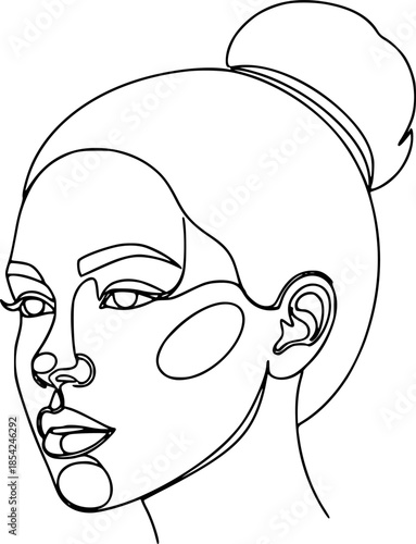 Female head with hair bun on head in continuous one line art style. Face sketch with editable black stroke on white background. Vector illustration.
