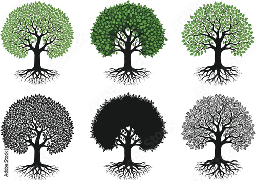 Collection of six stylized trees with prominent root systems