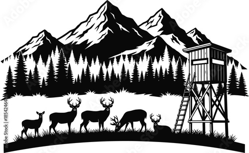 Majestic wilderness scene featuring deer, a hunting stand, and towering mountains