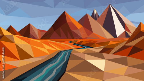 Geometric minimalist travel landscape with crystalline mountains and ribbon road