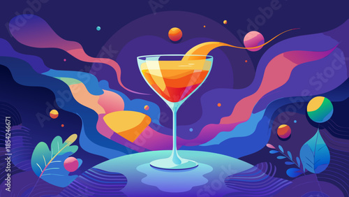 Immersive cocktail scene in bold flat vector with sensory waves