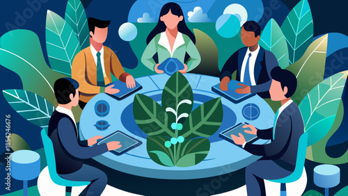 Nature-driven business teamwork in a lush vector landscape with greens and tech glow