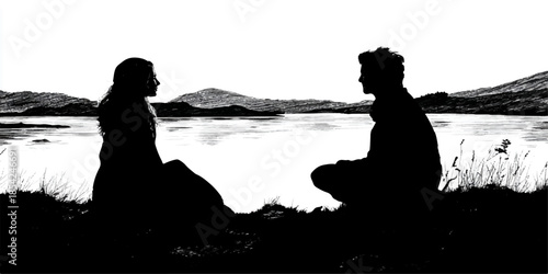 Silhouettes of two children sitting by a lake at sunset