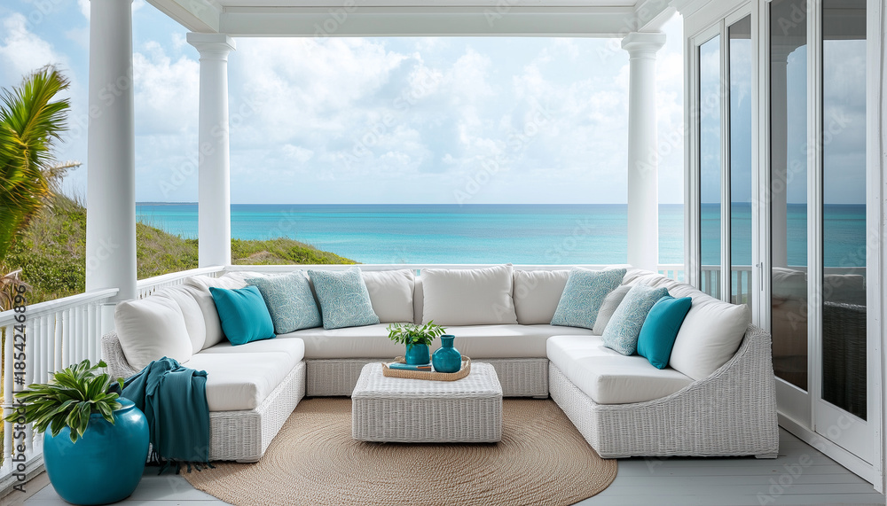 Obraz premium White sectional sofa with blue pillows sits on a coastal porch with ocean views. Relaxing outdoor living space invites calm and comfort