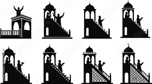 Islamic mosque minbar prayer silhouettes illustration set with imam preaching, worshippers reading Quran, Ramadan Eid religious architecture vector