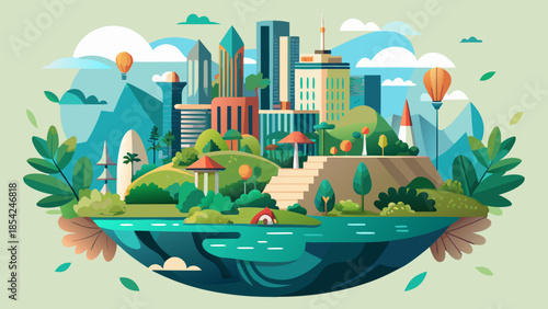 Nature-inspired eco city in flat vector style. Harmonious blend of urban life and botanical motifs.