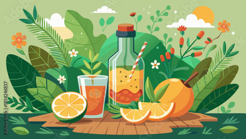 Organic botanical beverage scene in flat vector style