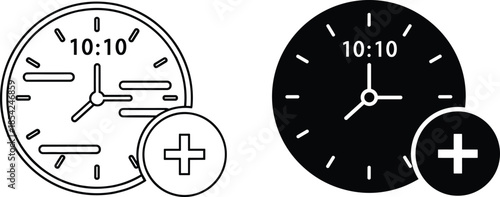 Clock time add icon vector set featuring 10 10 schedule reminder timer plus symbol outline and solid styles isolated background
