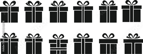 Gift box silhouette vector set featuring wrapped presents bows holiday celebration icons isolated on white background illustration collection design elements