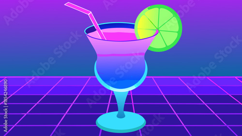 Vivid Neon Cocktail Glow with Gradient Liquid and Fresh Garnishes in Flat Vector Style