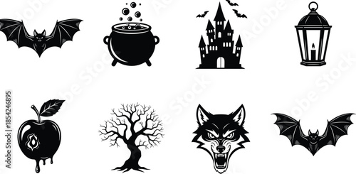 Halloween spooky silhouette vector set featuring bats castle cauldron lantern poison apple wolf head creepy icons isolated on white background