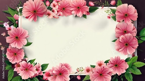 Animated pink floral frame on a dark background. Elegant flower border for a wedding invitation or Mother's Day greeting. Copy space for text