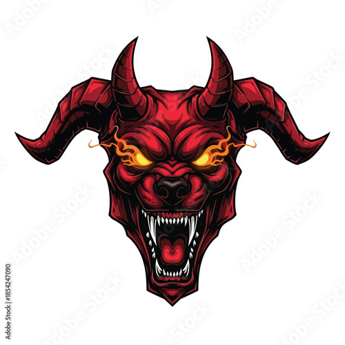 Fiery Red Devil Head with Horns and Glowing Eyes.