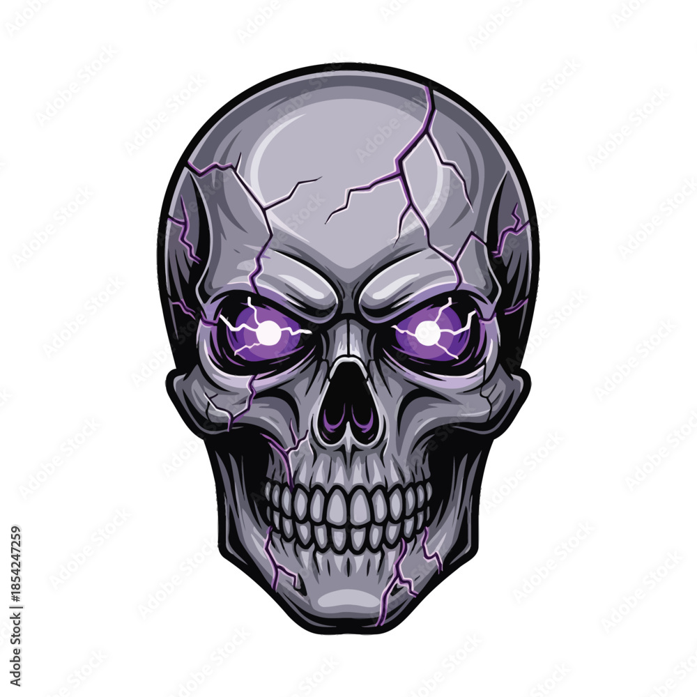 Fototapeta premium Cracked Skull with Glowing Purple Eyes a Symbol of Power.