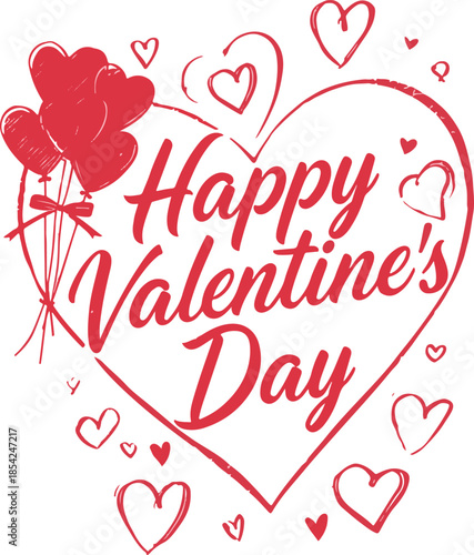 happy Valentine s day text on the background of the heart on white background. , Valentine s day, greeting card hand drawn vector illustration sketch

