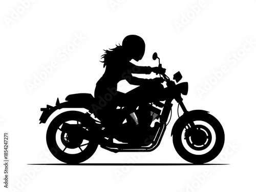 “Minimalist black-and-white silhouette of a motorcycle rider in motion, windshield and mirrors visible, flat graphic design.”