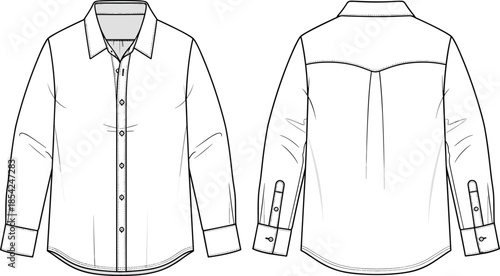 Men long sleeve button down shirt cad drawing flat vector illustration with front and back views collar cuffs and technical details