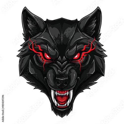 Ferocious Black Wolf Head with Glowing Red Eyes and Sharp Teeth.
