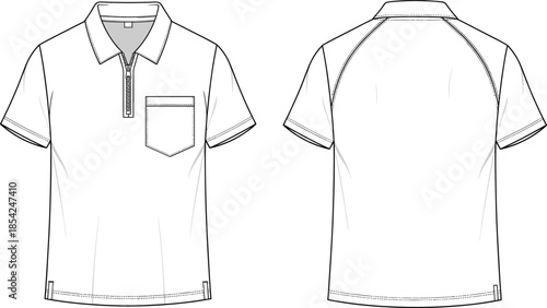 Men short sleeve zip polo shirt cad drawing flat vector illustration with front and back views pocket details