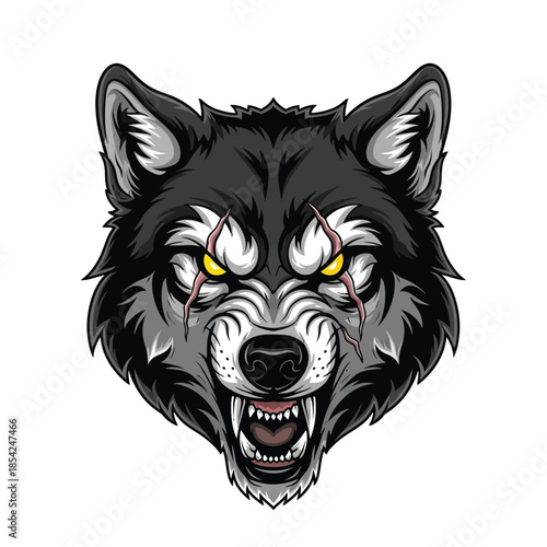 Detailed illustration of an angry wolf head with scars and sharp teeth.