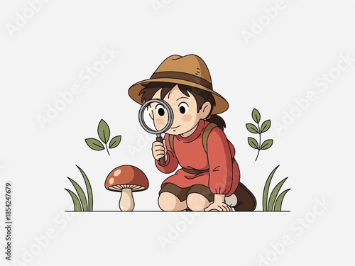 Young Explorer Examining Mushroom with Magnifying Glass.