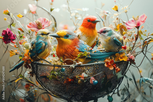 four colorful birds in a basket full of wildflowers