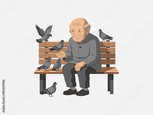 Elderly Man Feeding Pigeons on Bench.