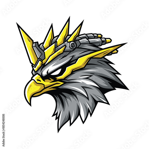 Cybernetic Griffin Head with Golden Accents and Intricate Details.