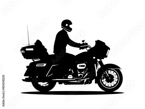 “Monochrome vector illustration of a helmeted rider on a touring motorcycle, side view, bold black silhouette, centered composition.”