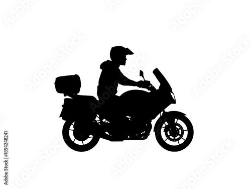“Monochrome vector illustration of a helmeted rider on a touring motorcycle, side view, bold black silhouette, centered composition.”