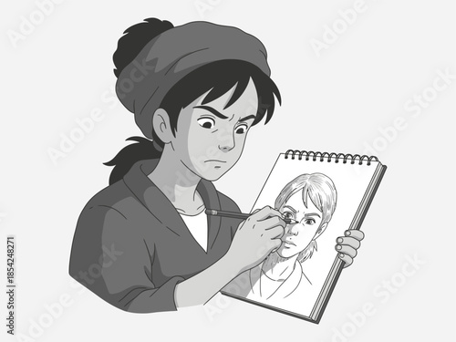 Woman Artist Drawing Portrait in Notebook.