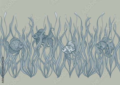 Seamless aquarium pattern with ornamental fish swimming among wavy green seaweed. Vector decorative design for textile and wallpaper, repeating tileable background tropical fish, detailed foliage