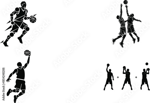 Basketball players in action poses silhouette