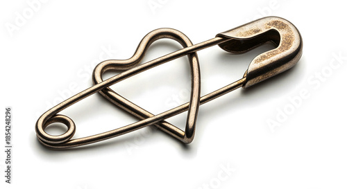 Metallic safety pin creatively shaped into a heartwarming symbol of love and secure connection, isolated against a pristine white backdrop, perfect for themes of care and unity