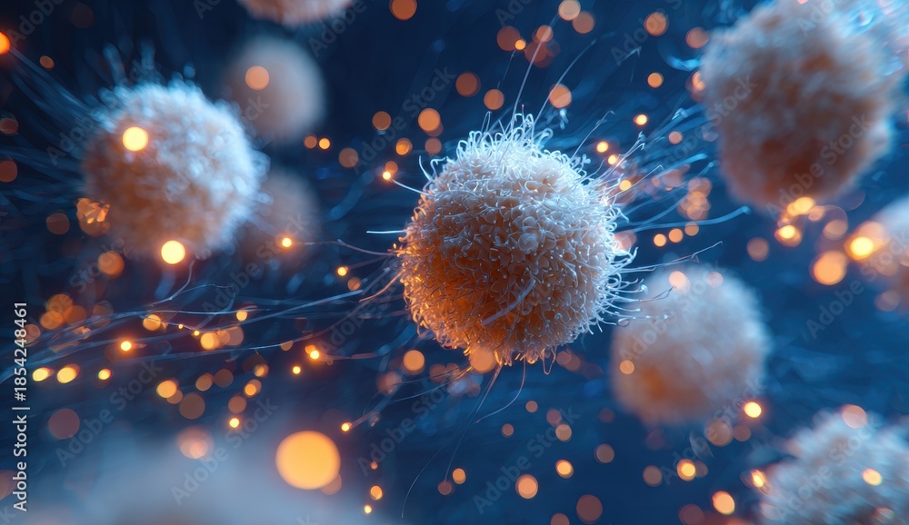 Fototapeta premium Vibrant Microscopic White Cells with Glowing Filaments and Orange Particles.
