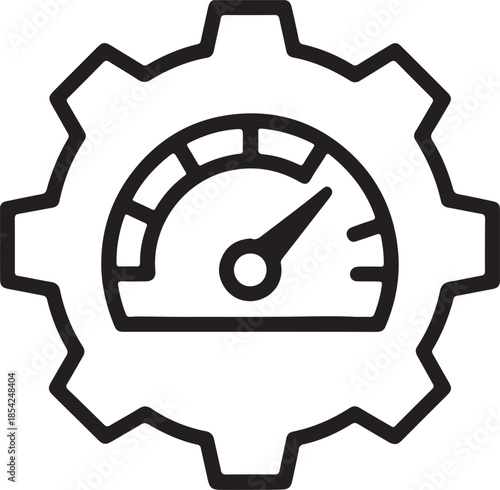 A simple, modern, black-and-white vector icon. The icon features a large gear or cogwheel as the outer shape, symbolizing machinery, engineering, or settings.