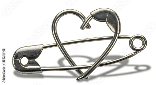 Elegant metallic safety pins artfully arranged to form a heart, symbolizing unbreakable bonds, protection, and cherished affection on a minimalist white background