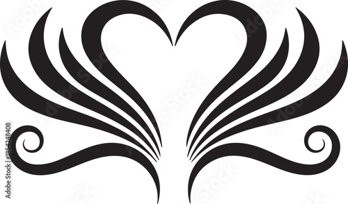 A symmetrical, elegant black ornamental design on a white background, featuring two stylized, curved shapes that together form a heart-like outline at the top center