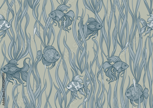 Seamless aquarium pattern with ornamental fish swimming among wavy green seaweed. Vector decorative design for textile and wallpaper, repeating tileable background tropical fish, detailed foliage